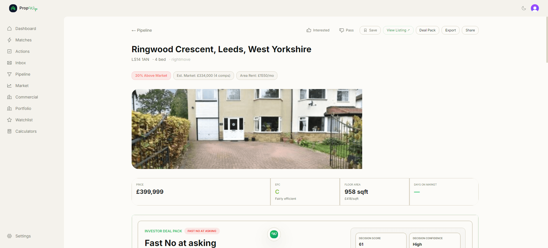 PropWize Deal Pack screen showing share link, stored PDF, share audit, and property evidence